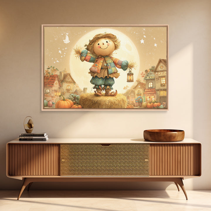 The Button-Nosed Scarecrow, Cute Spooky Wall Art, Landscape Wall Art, Canvas Print, Halloween Kids Decor, Whimsical Wall Art