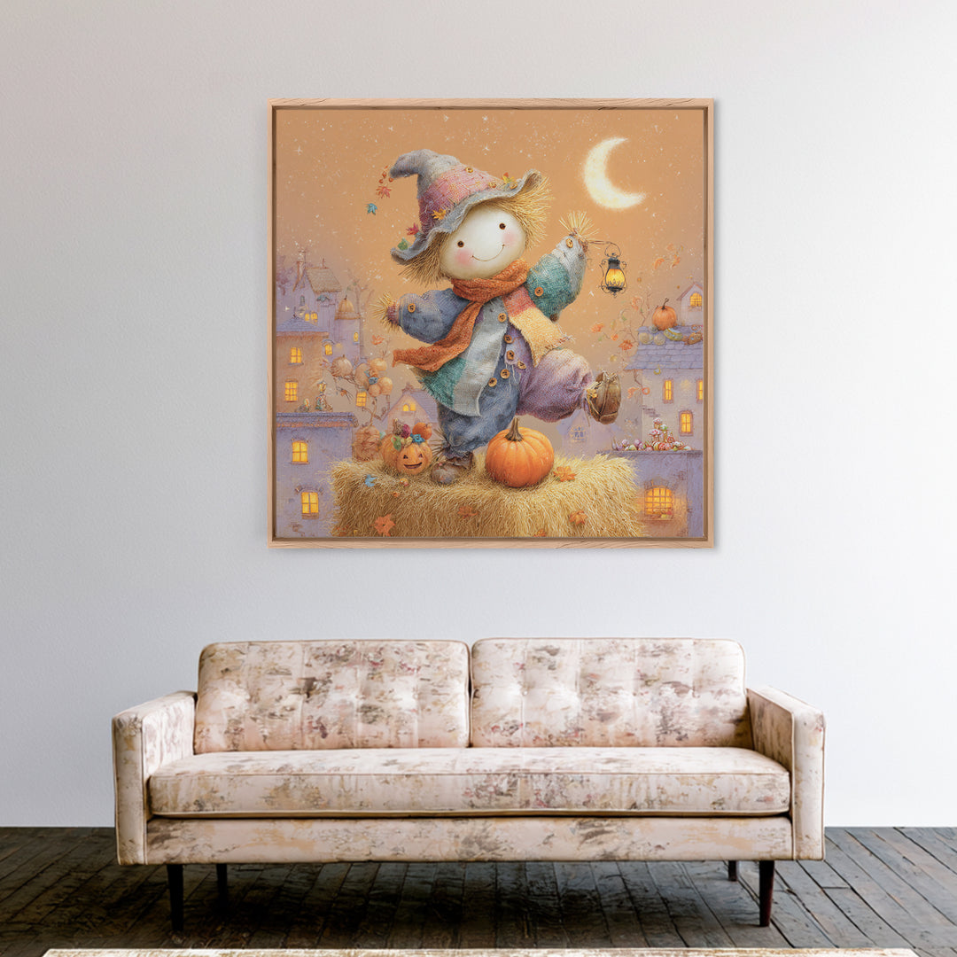 The Button-Nosed Scarecrow, Storybook Halloween Art, Square Wall Art, Canvas Print, Halloween Kids Decor, Whimsical Wall Art