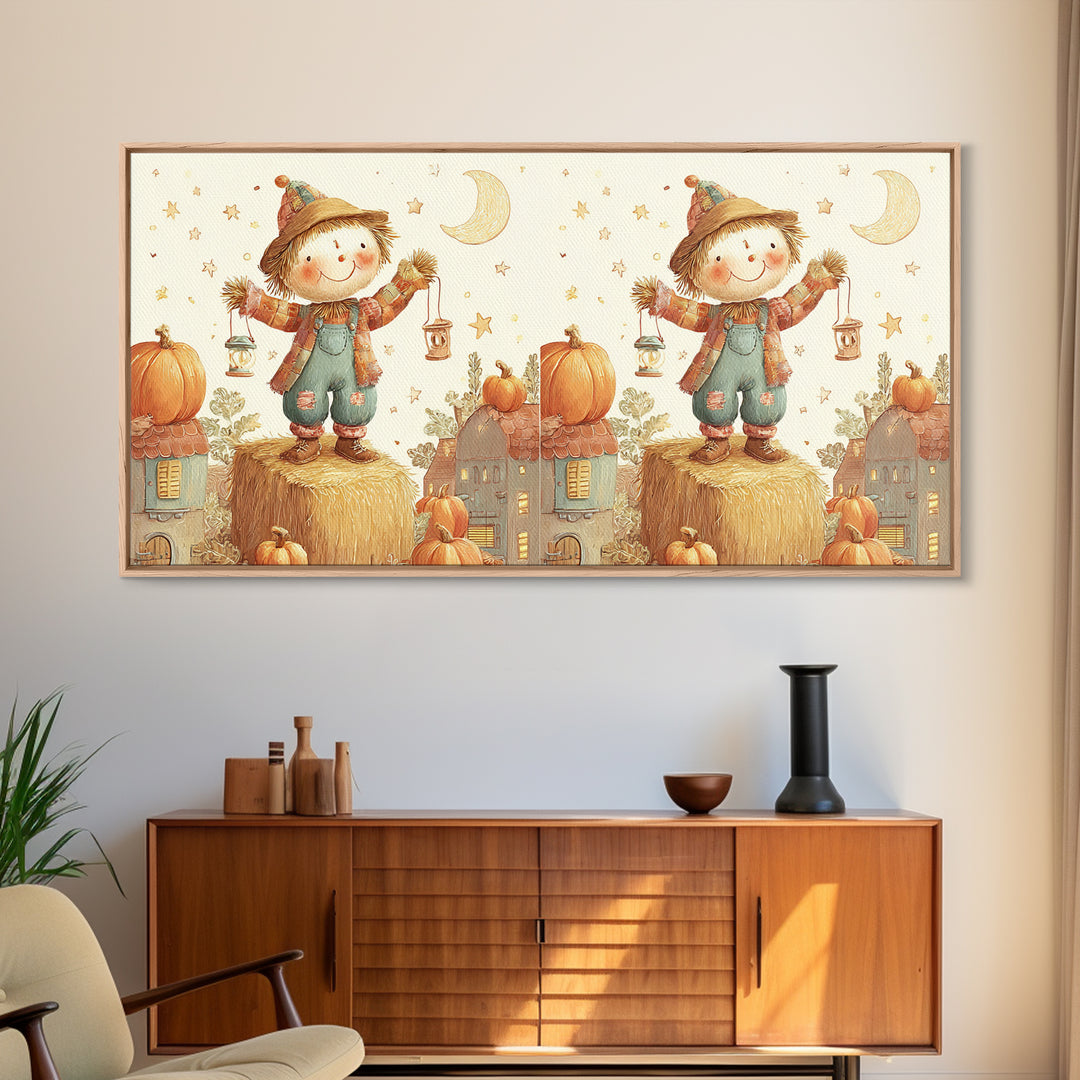 The Button-Nosed Scarecrow, Cute Halloween Wall Art, Wide Panoramic Art, Canvas Print, Halloween Kids Decor, Whimsical Wall Art