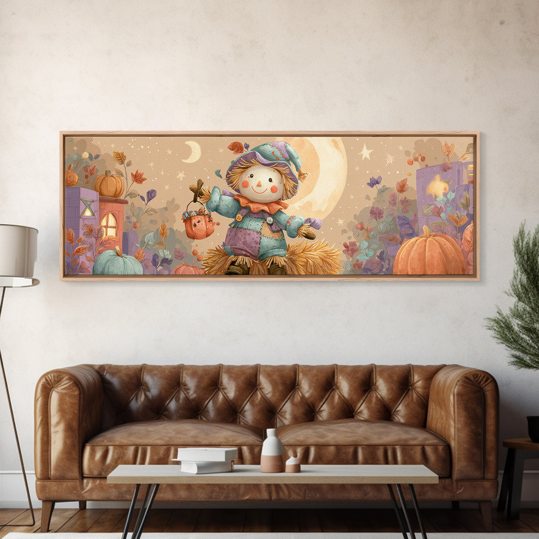 The Button-Nosed Scarecrow, Kids Halloween Decor, Extra Wide Wall Art, Canvas Print, Halloween Kids Decor, Whimsical Wall Art