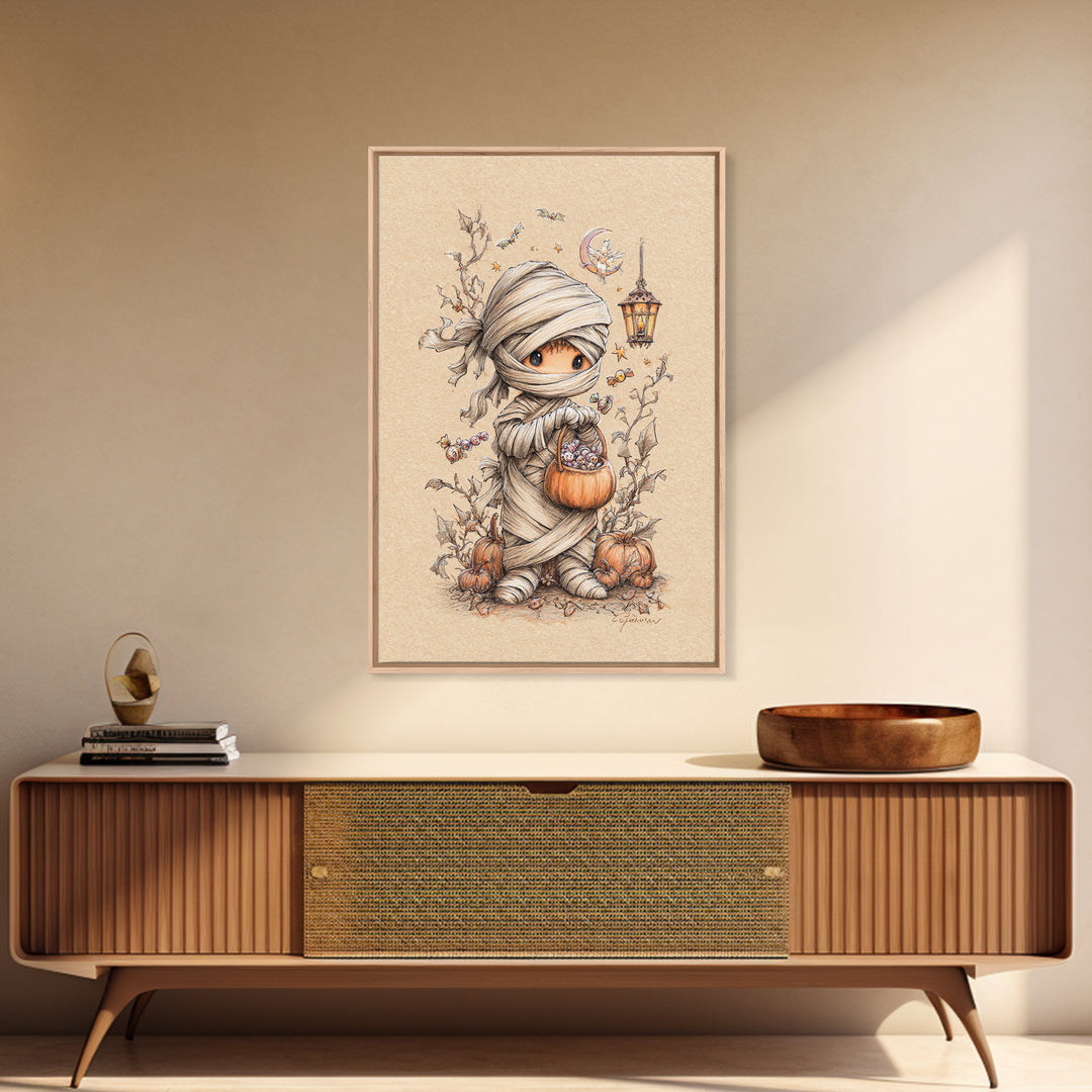 The Shy Little Mummy, Hand Sketch Halloween Art, Vertical Wall Art, Canvas Print, Cute Halloween Wall Art