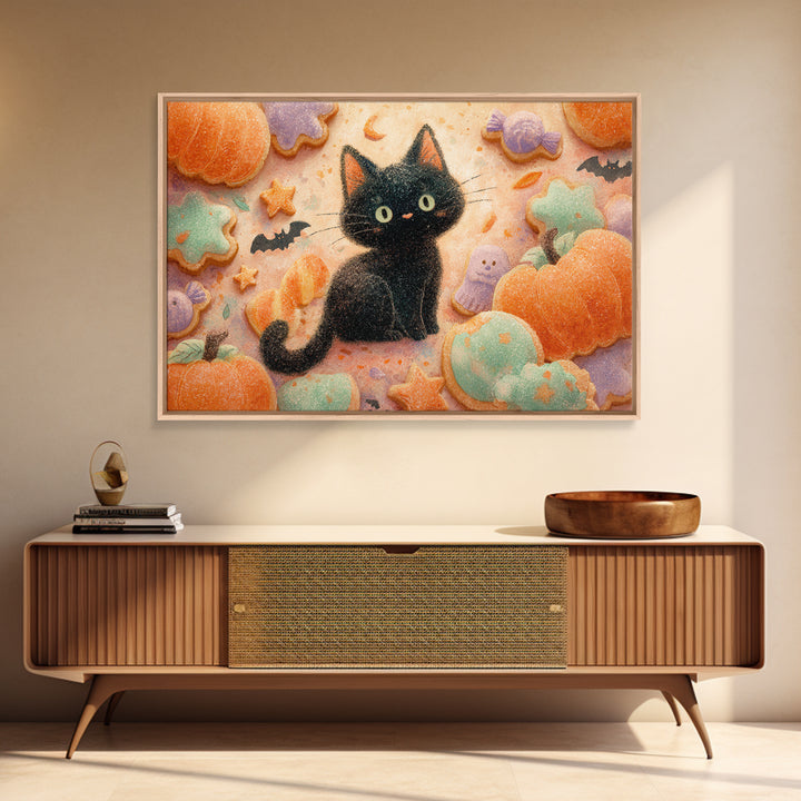 The Black Cat Baker, Watercolor Halloween Art, Landscape Wall Art, Framed Canvas Print, Cute Halloween Wall Art