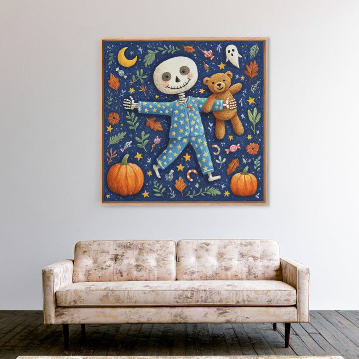 The Pajama Skeleton, Gouache Halloween Art, Square Wall Art, Canvas Print, Cute Halloween Wall Art, Halloween Kids Decor