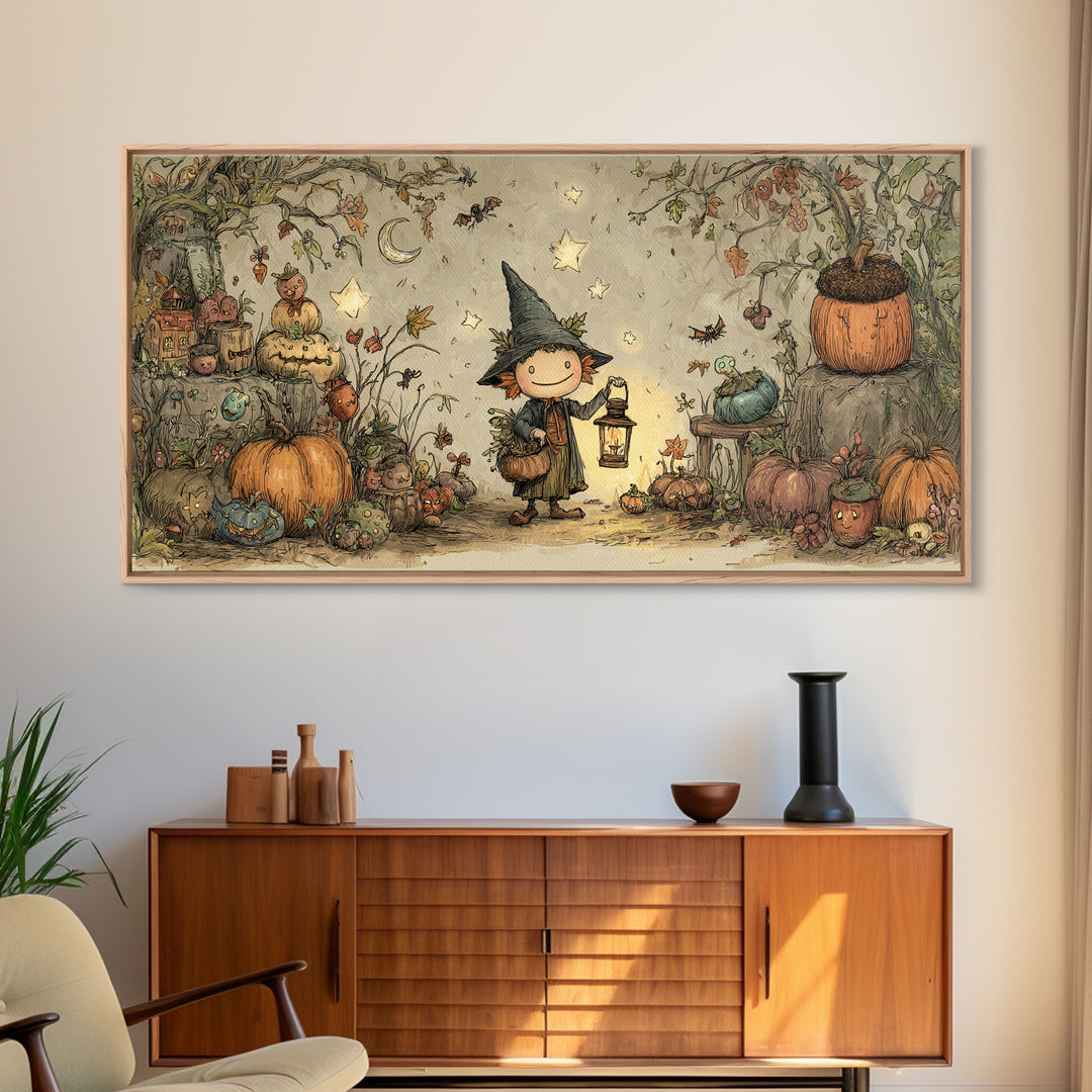 The Acorn Goblin, Crayon Halloween Art, Wide Panoramic Art, Framed Canvas Print, Cute Halloween Wall Art
