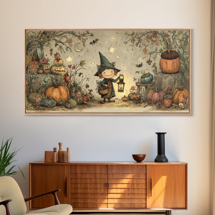 The Acorn Goblin, Crayon Halloween Art, Wide Panoramic Art, Framed Canvas Print, Cute Halloween Wall Art