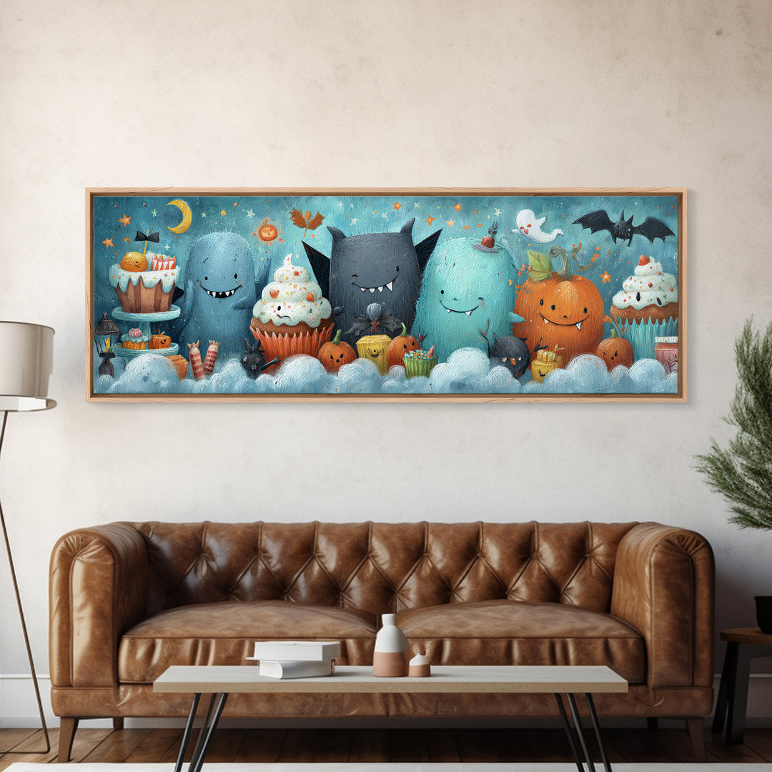 The Cupcake Vampire, Pastel Halloween Art, Extra Wide Wall Art, Canvas Print, Cute Halloween Wall Art
