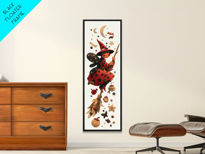 The Ladybug Witch, Paper Collage Halloween, Tall Narrow Wall Art, Framed Canvas Print, Cute Halloween Wall Art