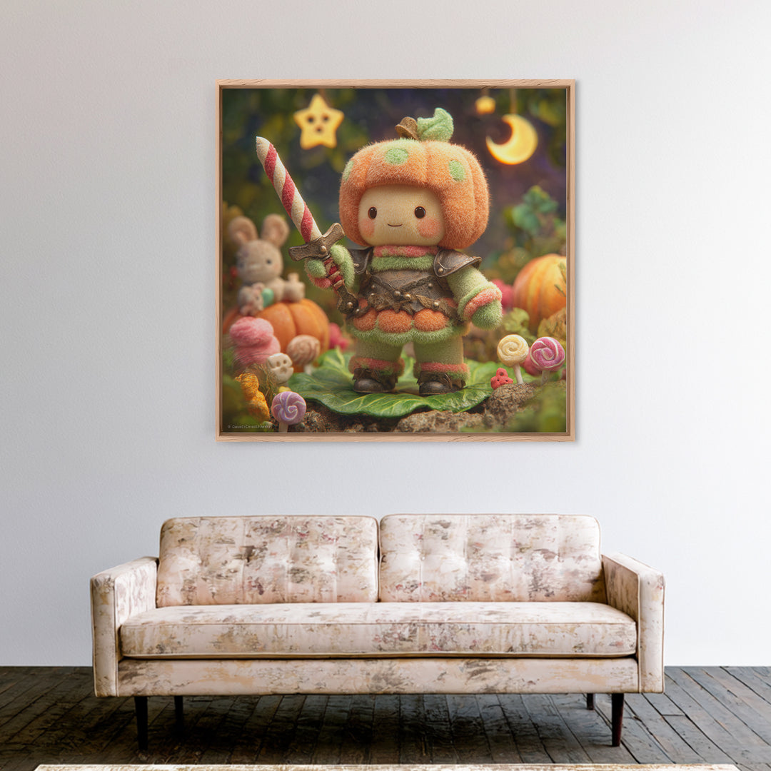The Pumpkin Knight, Plush Halloween Art, Square Wall Art, Canvas Print, Cute Halloween Wall Art, Halloween Kids Decor
