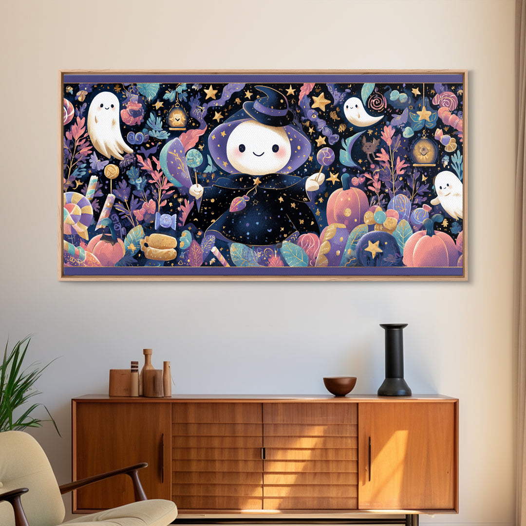 The Star-Cape Magician, Kawaii Halloween Art, Wide Panoramic Art, Framed Canvas Print, Cute Halloween Wall Art