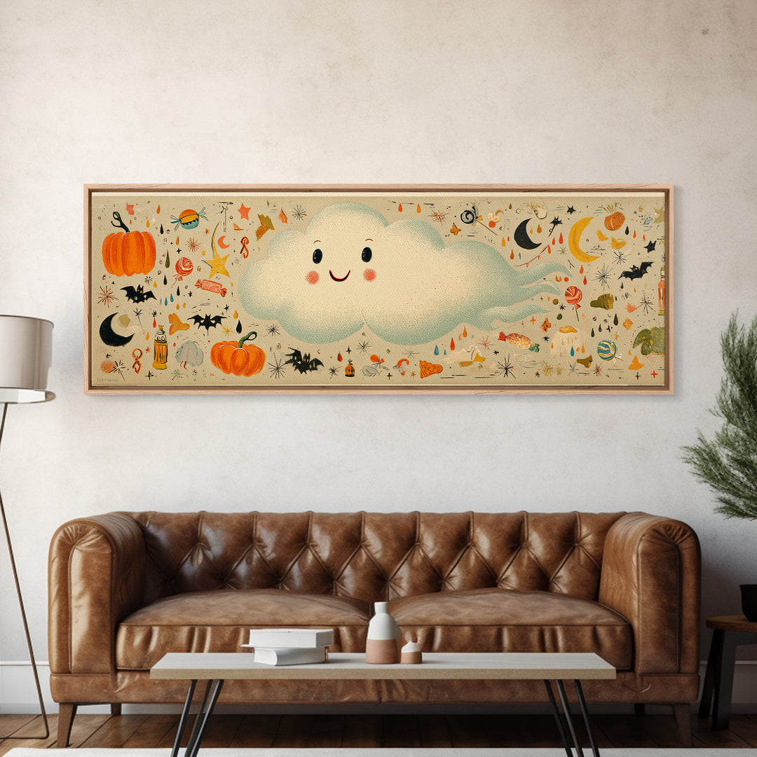 The Cloud Ghost, Retro Halloween Art, Extra Wide Wall Art, Canvas Print, Cute Halloween Wall Art, Cozy Autumn Kids Decor