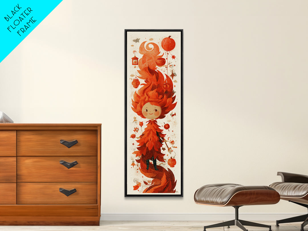 The Autumn Leaf Sprite, Screenprint Halloween Art, Tall Narrow Wall Art, Framed Canvas Print, Cute Halloween Wall Art