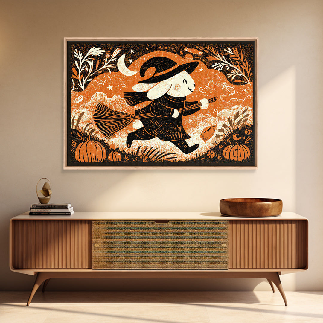 The Bunny Witch, Linocut Halloween Art, Landscape Wall Art, Framed Canvas Print, Cute Halloween Wall Art