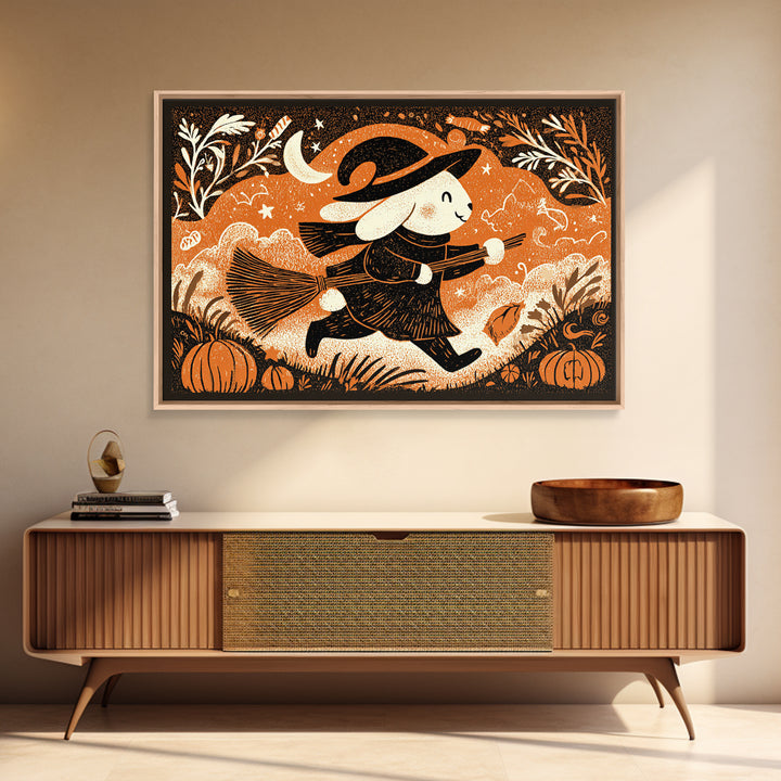 The Bunny Witch, Linocut Halloween Art, Landscape Wall Art, Framed Canvas Print, Cute Halloween Wall Art