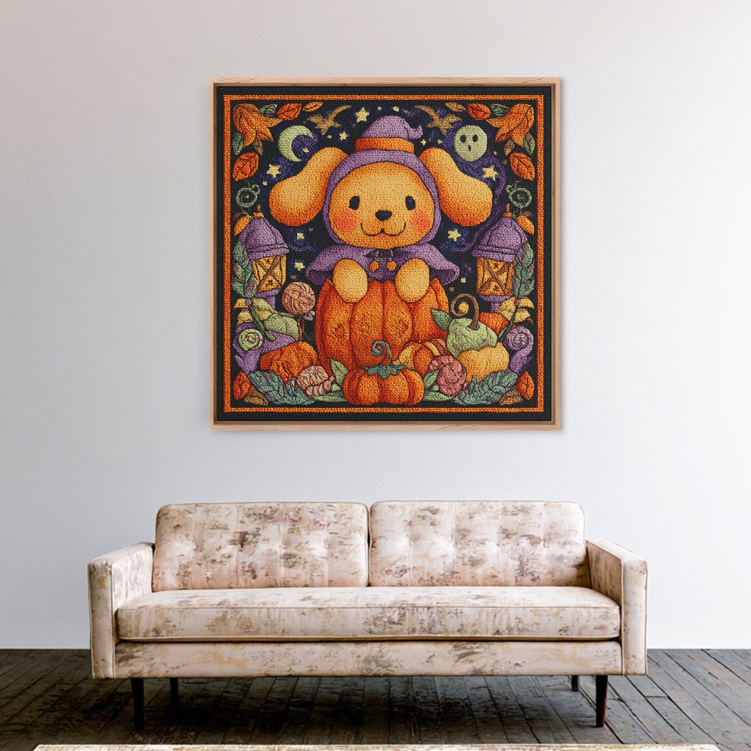 The Pumpkin Puppy, Embroidered Halloween Art, Square Wall Art, Canvas Print, Cute Halloween Wall Art