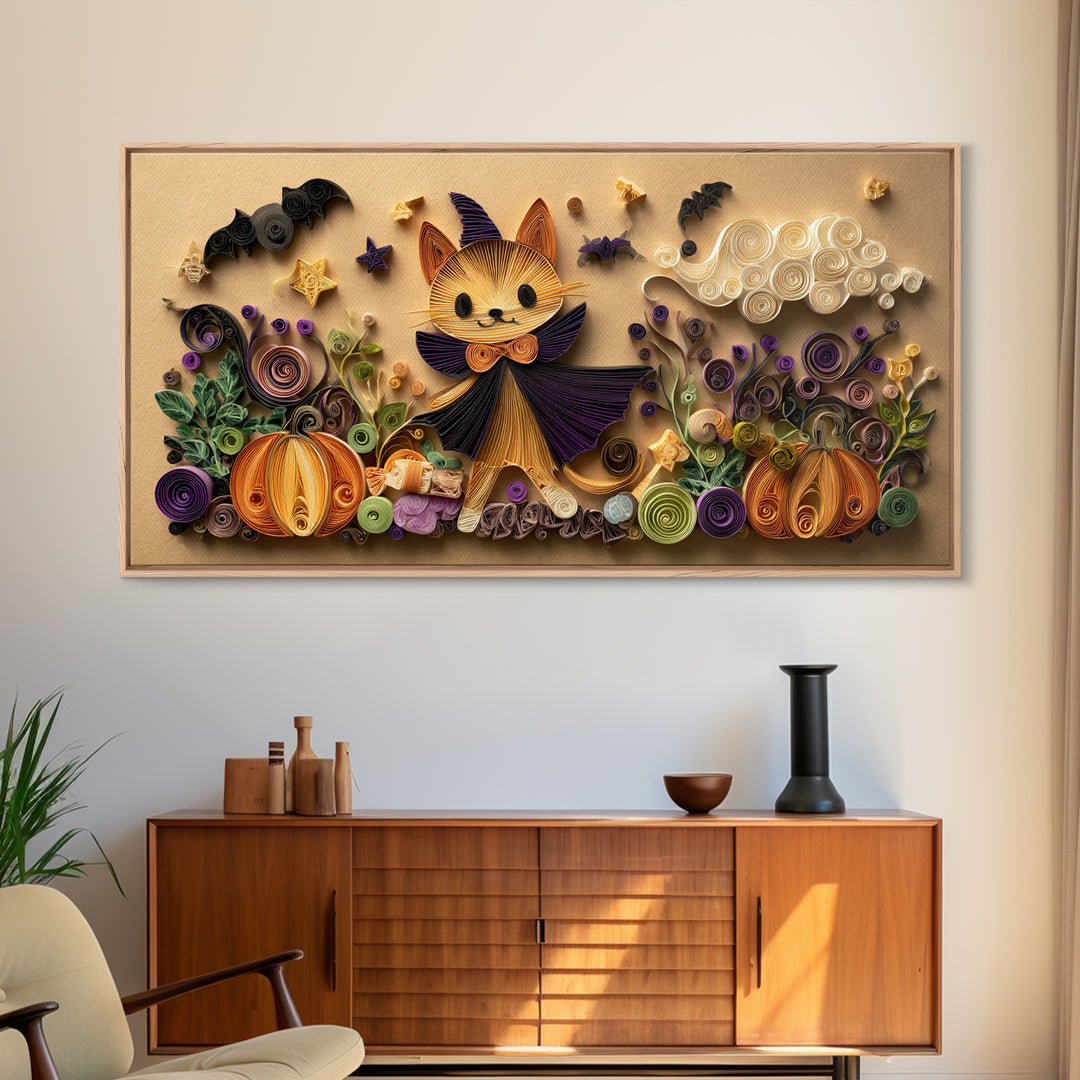 The Kitten Vampire, Quilled Halloween Art, Wide Panoramic Art, Framed Canvas Print, Cute Halloween Wall Art