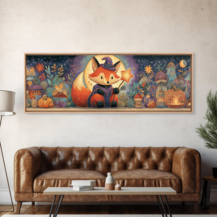 The Fox Wizard, Stained Glass Halloween, Extra Wide Wall Art, Canvas Print, Cute Halloween Wall Art, Cozy Autumn Kids Decor
