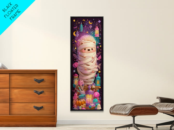 The Hedgehog Mummy, Vaporwave Halloween Art, Tall Narrow Wall Art, Framed Canvas Print, Cute Halloween Wall Art