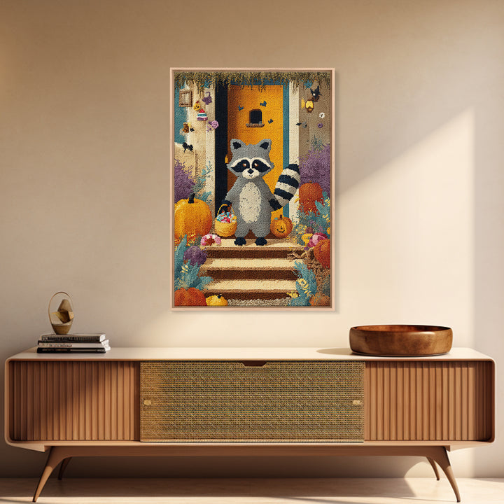 The Raccoon Trick-Or-Treater, Pixel Halloween Art, Vertical Wall Art, Canvas Print, Cute Halloween Wall Art