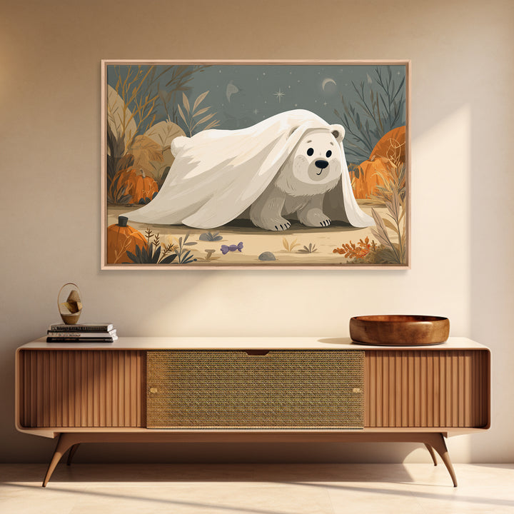 The Bear Cub Ghost, Vector Halloween Art, Landscape Wall Art, Framed Canvas Print, Cute Halloween Wall Art