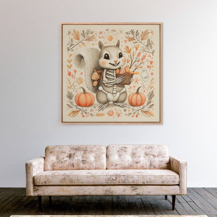 The Squirrel Skeleton, Hand Sketch Halloween Art, Square Wall Art, Canvas Print, Cute Halloween Wall Art