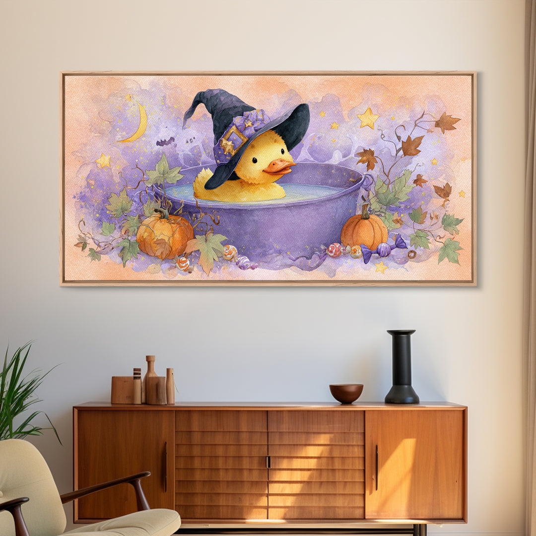 The Duckling Witch, Watercolor Halloween Art, Wide Panoramic Art, Framed Canvas Print, Cute Halloween Wall Art