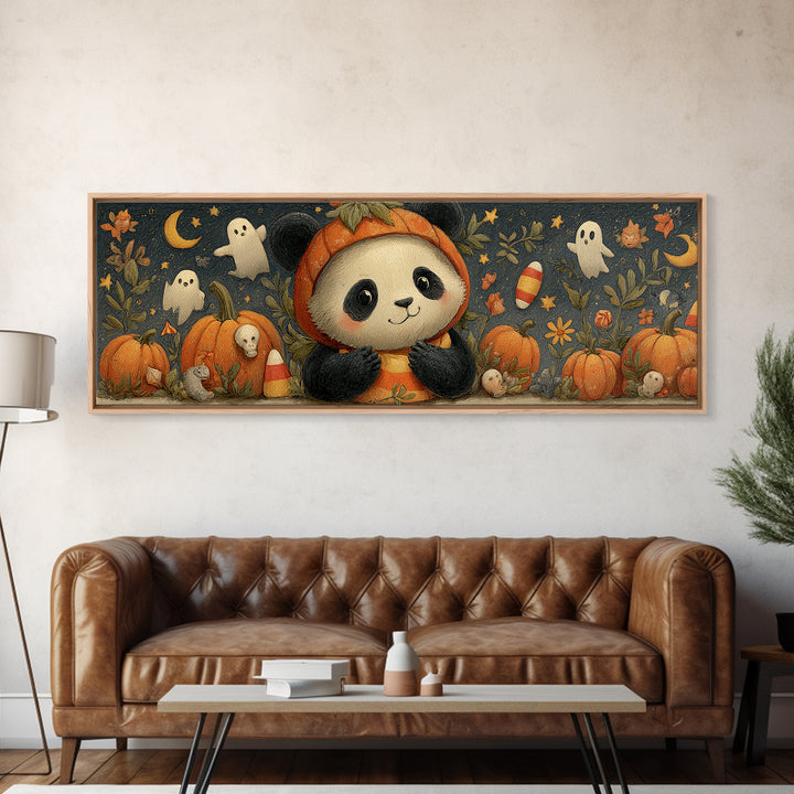 The Panda Pumpkin, Gouache Halloween Art, Extra Wide Wall Art, Canvas Print, Cute Halloween Wall Art