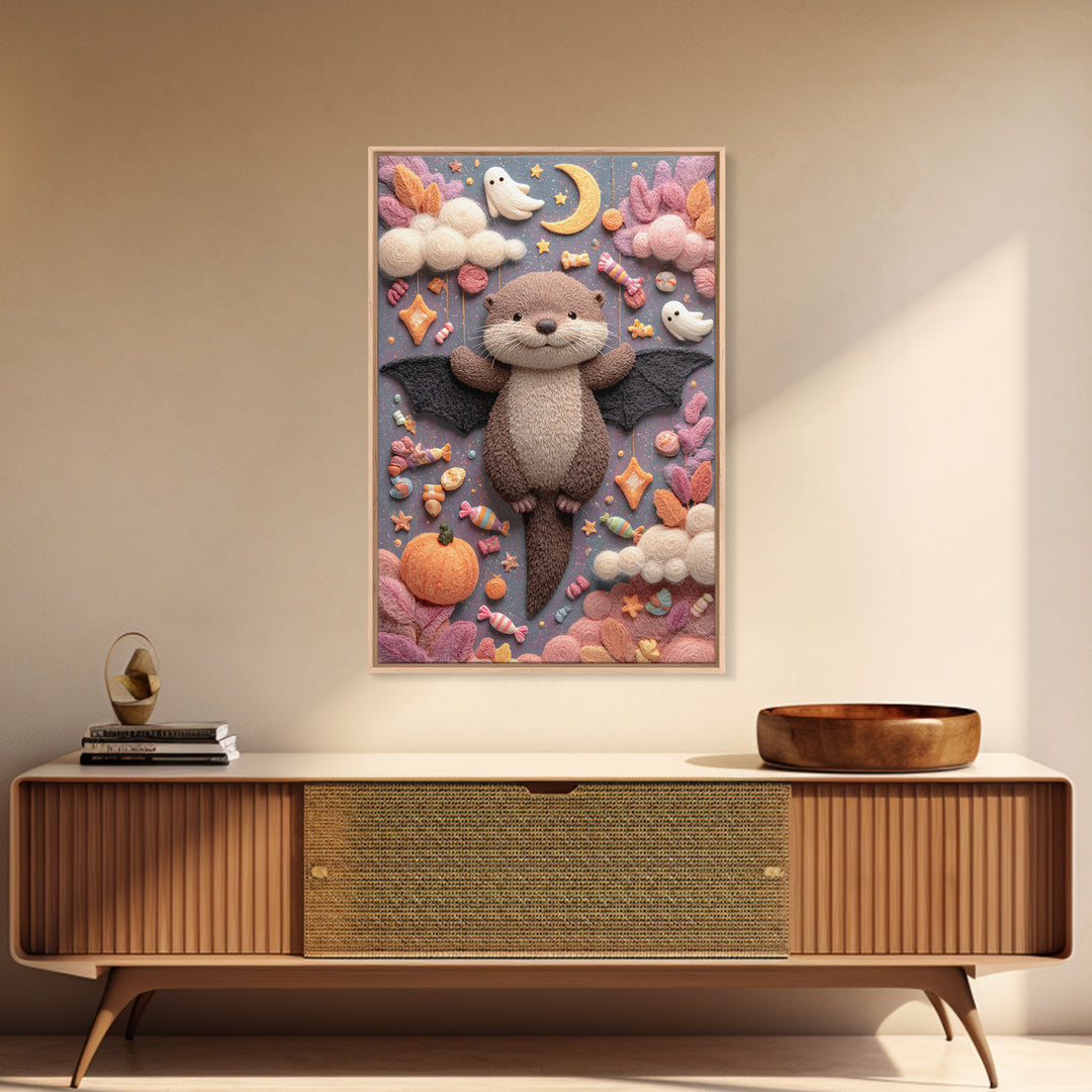 The Bat-Winged Otter, Pastel Halloween Art, Vertical Wall Art, Canvas Print, Cute Halloween Wall Art