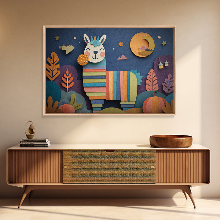 The Llama Mummy, Paper Collage Halloween, Landscape Wall Art, Framed Canvas Print, Cute Halloween Wall Art