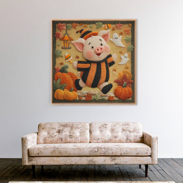 The Candy Corn Piglet, Felt Halloween Art, Square Wall Art, Canvas Print, Cute Halloween Wall Art, Halloween Kids Decor