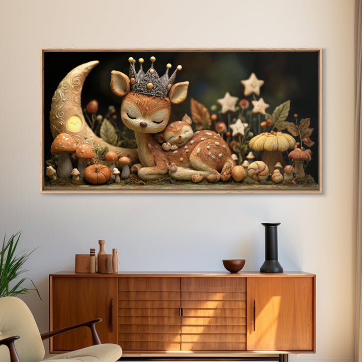 The Moon Princess Deer, Clay Halloween Art, Wide Panoramic Art, Framed Canvas Print, Cute Halloween Wall Art