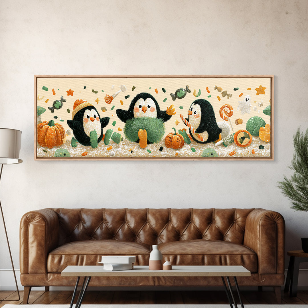 The Penguin Monster, Plush Halloween Art, Extra Wide Wall Art, Canvas Print, Cute Halloween Wall Art