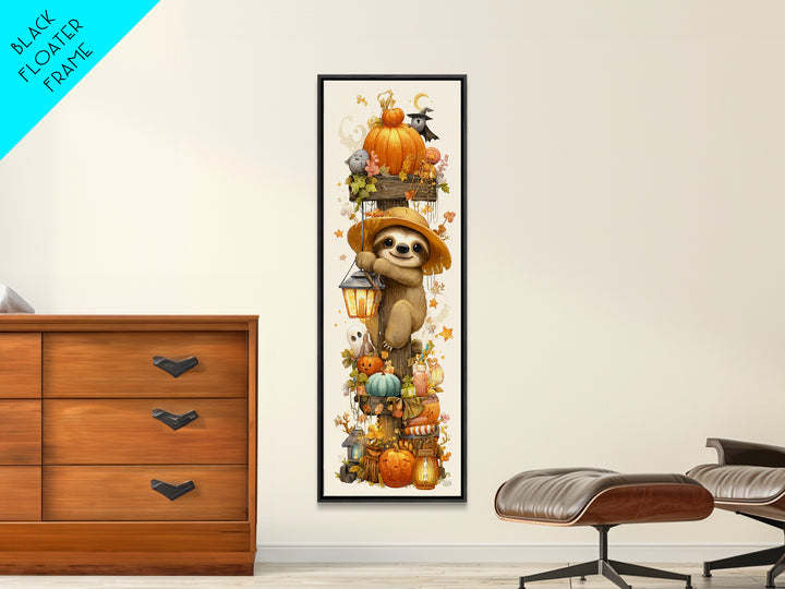 The Scarecrow Sloth, Kawaii Halloween Art, Tall Narrow Wall Art, Framed Canvas Print, Cute Halloween Wall Art