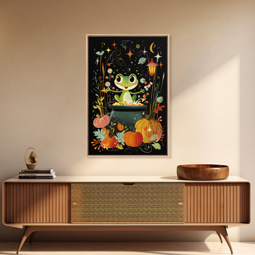The Cauldron Frog, Retro Halloween Art, Vertical Wall Art, Canvas Print, Cute Halloween Wall Art, Whimsical Nursery Decor
