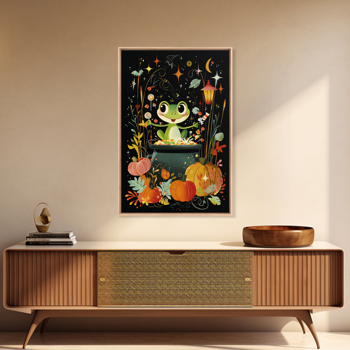 The Cauldron Frog, Retro Halloween Art, Vertical Wall Art, Canvas Print, Cute Halloween Wall Art, Whimsical Nursery Decor