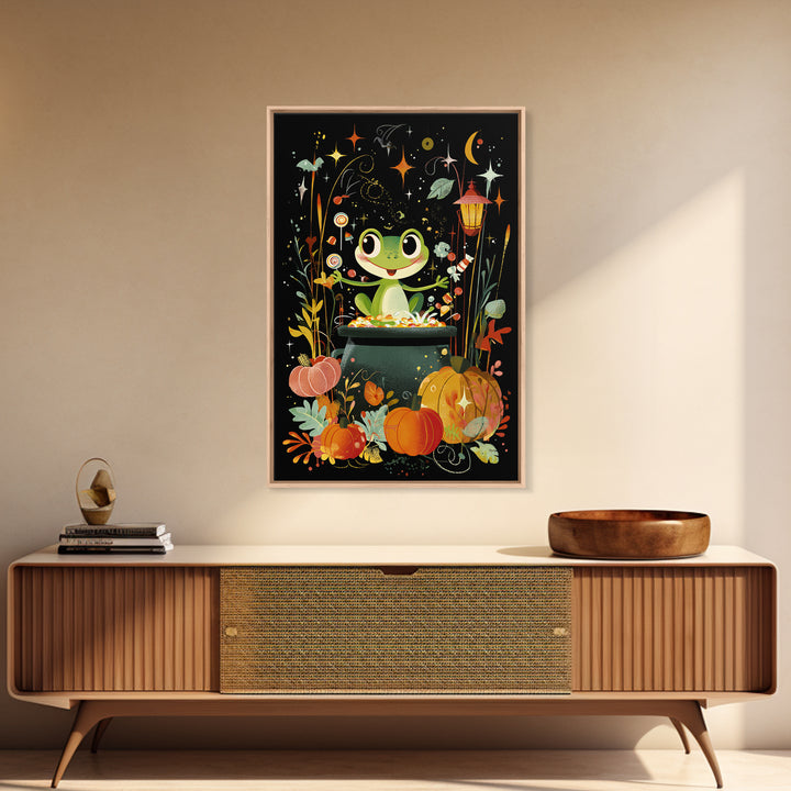 The Cauldron Frog, Retro Halloween Art, Vertical Wall Art, Canvas Print, Cute Halloween Wall Art, Whimsical Nursery Decor