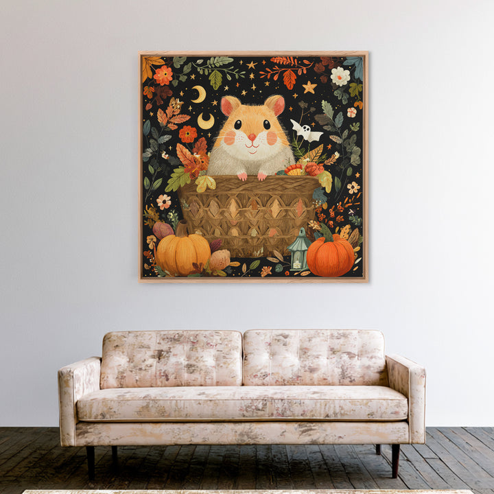 The Pumpkin Hamster, Folk Halloween Art, Square Wall Art, Canvas Print, Cute Halloween Wall Art, Halloween Kids Decor