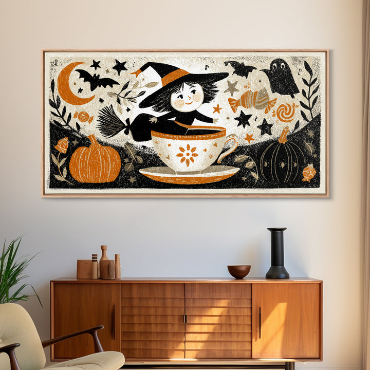 The Teacup Witch, Linocut Halloween Art, Wide Panoramic Art, Framed Canvas Print, Cute Halloween Wall Art