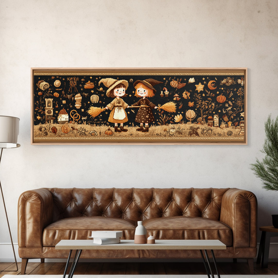 The Twin Broomstick Witches, Embroidered Halloween Art, Extra Wide Wall Art, Canvas Print, Cute Halloween Wall Art