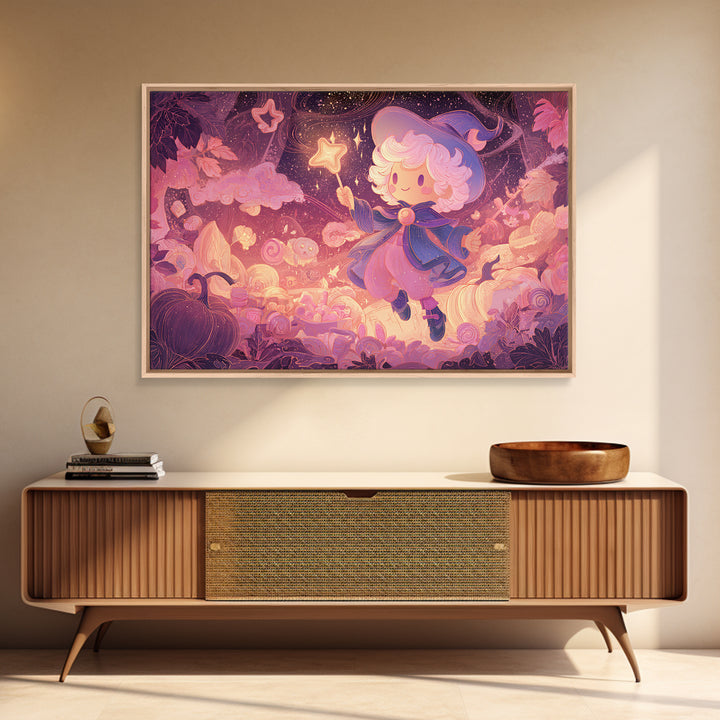 The Cookie Spellcaster, Vaporwave Halloween Art, Landscape Wall Art, Framed Canvas Print, Cute Halloween Wall Art