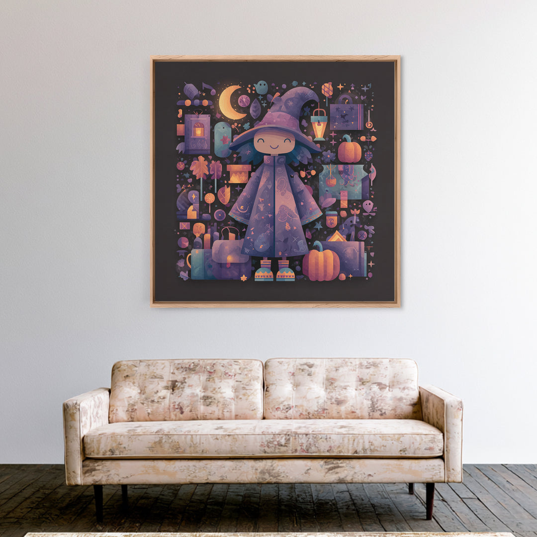 The Moonlight Pajama Witch, Pixel Halloween Art, Square Wall Art, Canvas Print, Cute Halloween Wall Art
