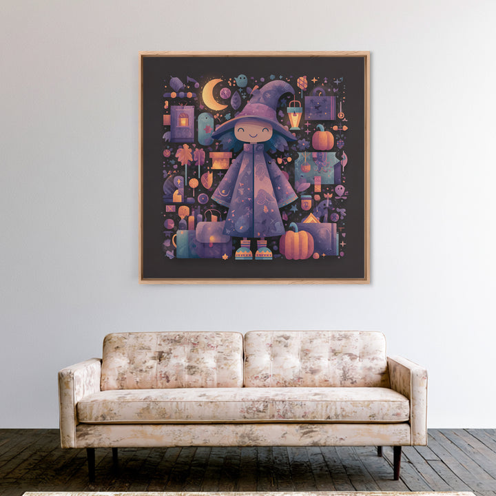 The Moonlight Pajama Witch, Pixel Halloween Art, Square Wall Art, Canvas Print, Cute Halloween Wall Art