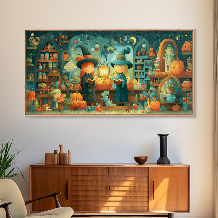 The Tiny Hat Shop Witch, Vector Halloween Art, Wide Panoramic Art, Framed Canvas Print, Cute Halloween Wall Art