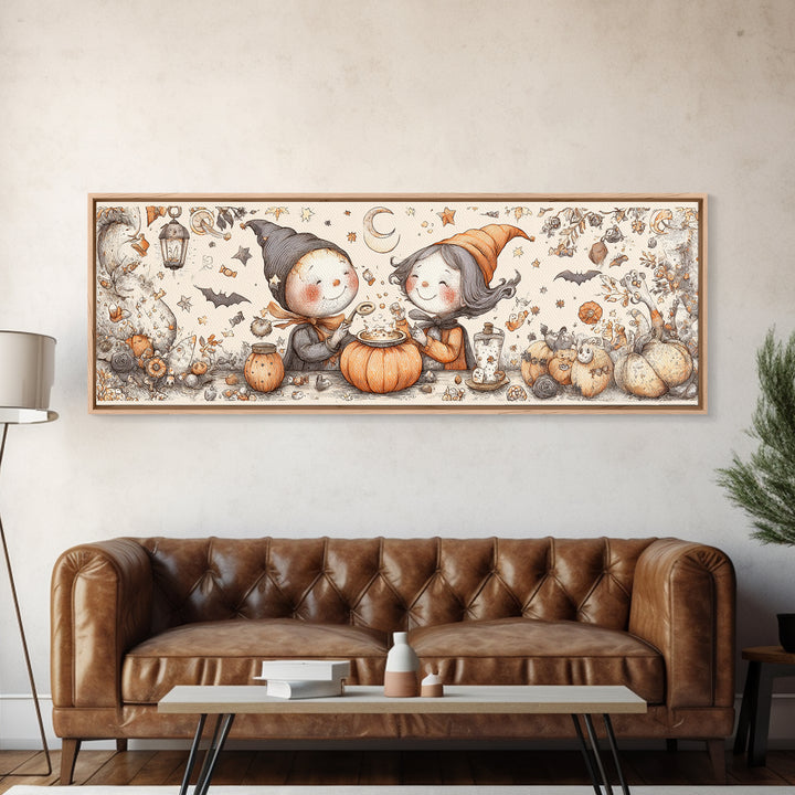 The Pumpkin Potion Twins, Hand Sketch Halloween Art, Extra Wide Wall Art, Canvas Print, Cute Halloween Wall Art