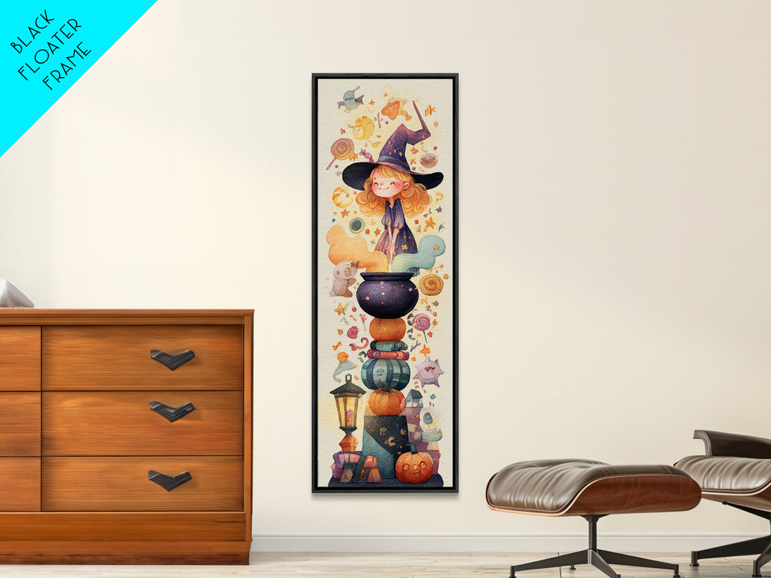 The Rainbow-Cauldron Witch, Watercolor Halloween Art, Tall Narrow Wall Art, Framed Canvas Print, Cute Halloween Wall Art