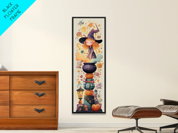 The Rainbow-Cauldron Witch, Watercolor Halloween Art, Tall Narrow Wall Art, Framed Canvas Print, Cute Halloween Wall Art