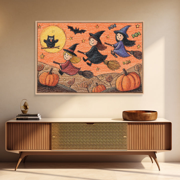 The Broomstick Riding Lesson, Crayon Halloween Art, Landscape Wall Art, Framed Canvas Print, Cute Halloween Wall Art