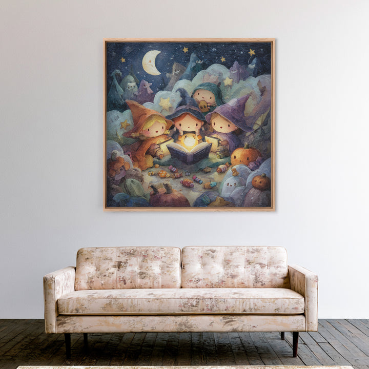 The Spellbook Sleepover, Pastel Halloween Art, Square Wall Art, Canvas Print, Cute Halloween Wall Art