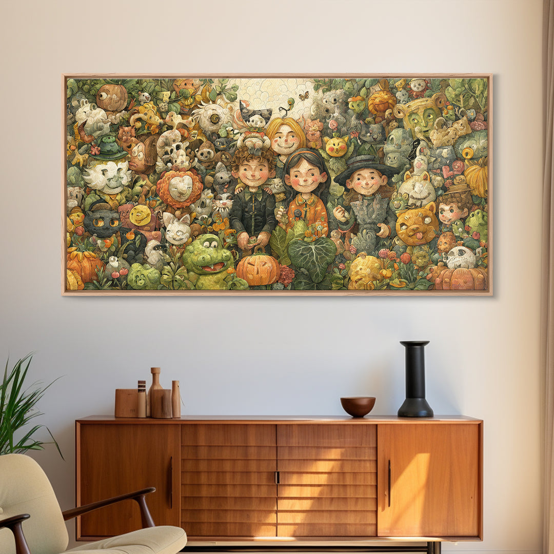 The Friendly Familiar Club, Paper Collage Halloween, Wide Panoramic Art, Framed Canvas Print, Cute Halloween Wall Art