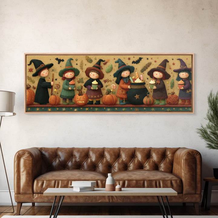 The Cupcake Cauldron Class, Felt Halloween Art, Extra Wide Wall Art, Canvas Print, Cute Halloween Wall Art