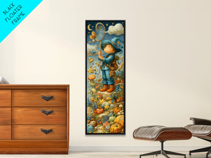 The Cloud-Catching Wizard, Clay Halloween Art, Tall Narrow Wall Art, Framed Canvas Print, Cute Halloween Wall Art